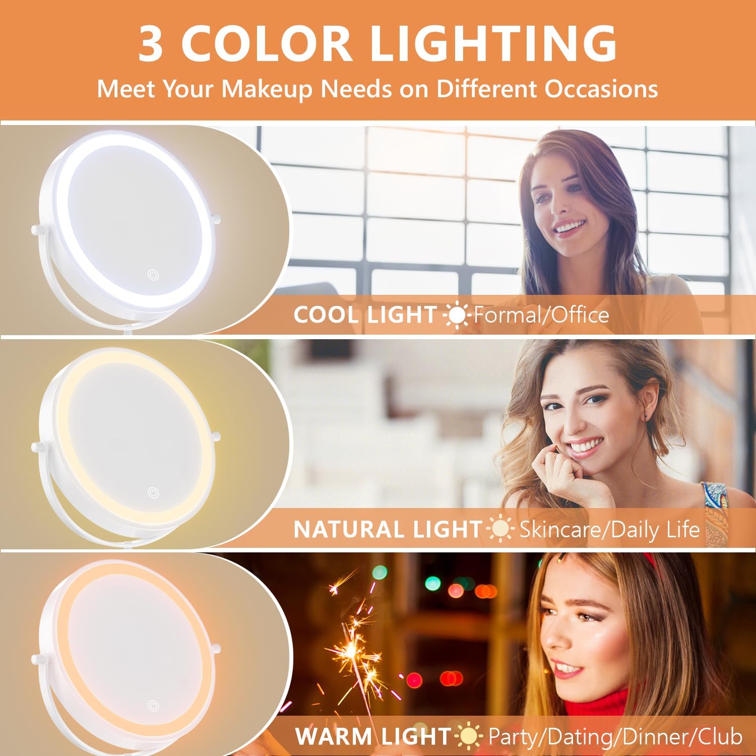 Auxmir - miroir mural série lumineuse - 8 pouces - grossissement 1x/30x, 3 couleurs, tactile, USB, 360° pivotant