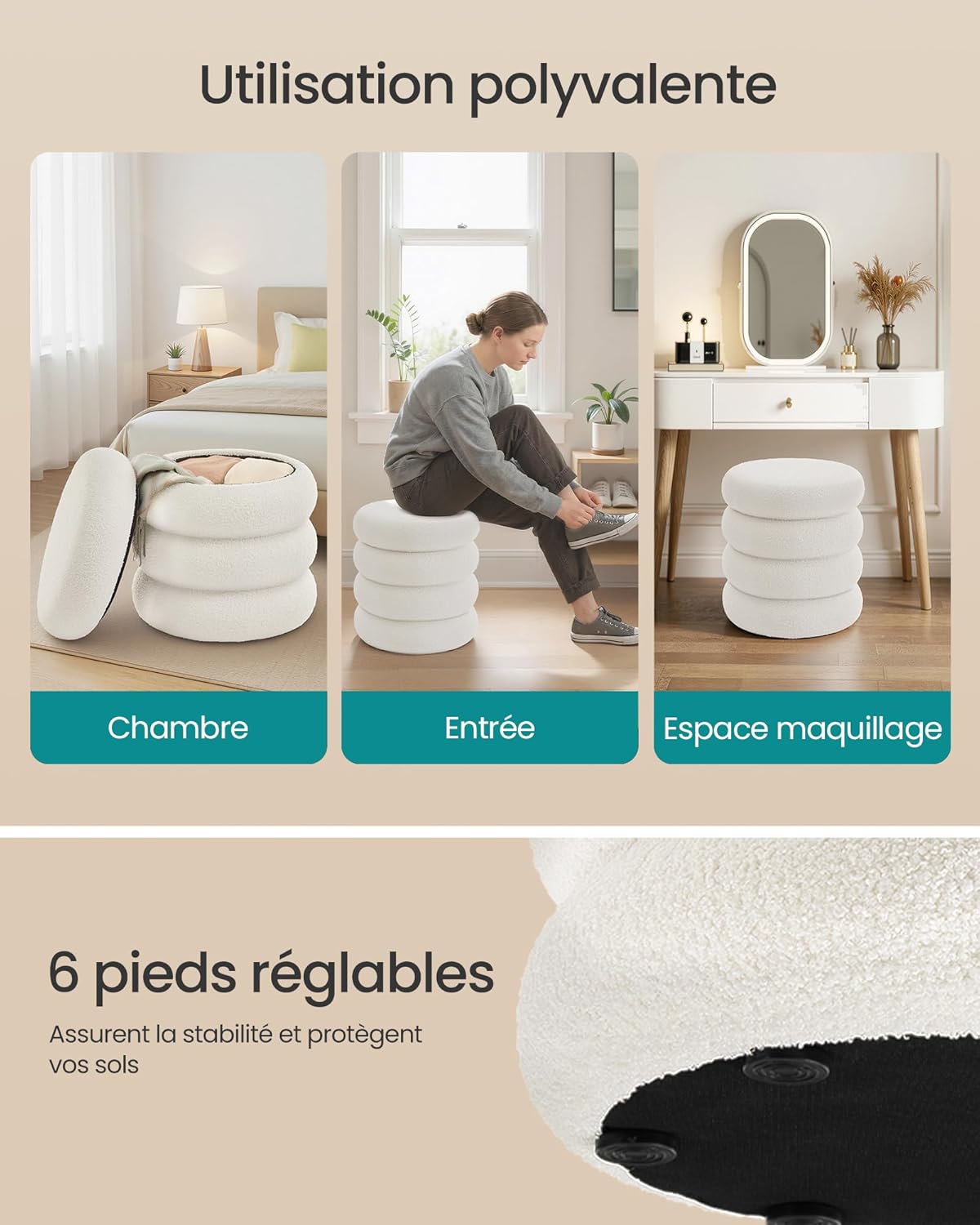 SONGMICS - pouf rond Teddy, 43x47 cm, rangement, blanc, LOM015WD01