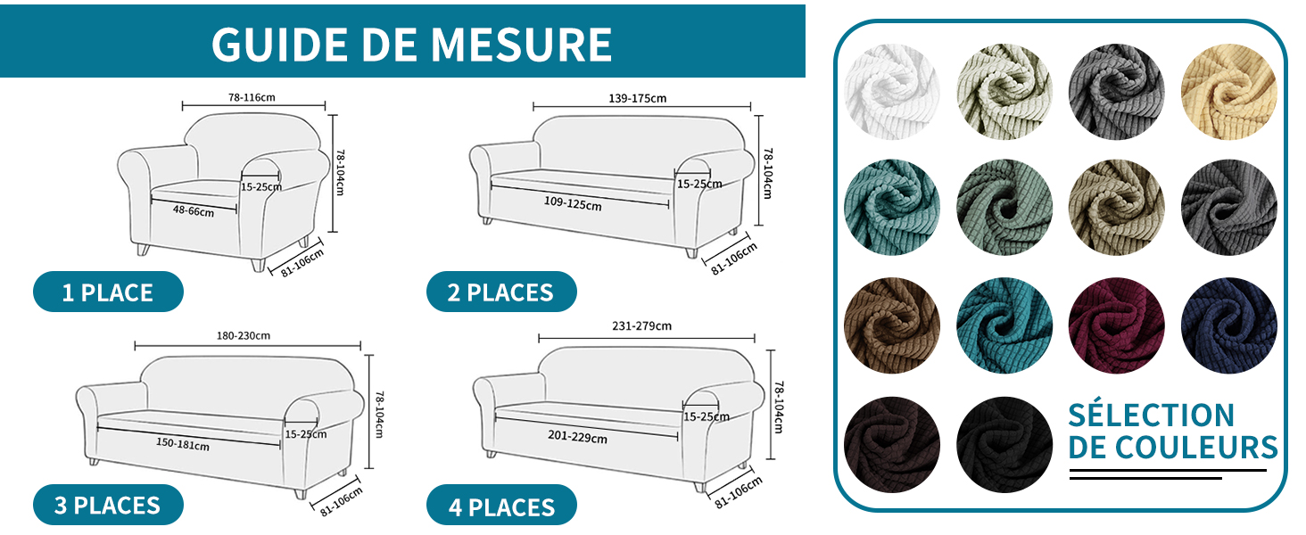 Guide de mesure pour les meubles, indiquant les dimensions pour 1, 2, 3 et 4 sièges. Comprend des échantillons de tissu de différentes couleurs.