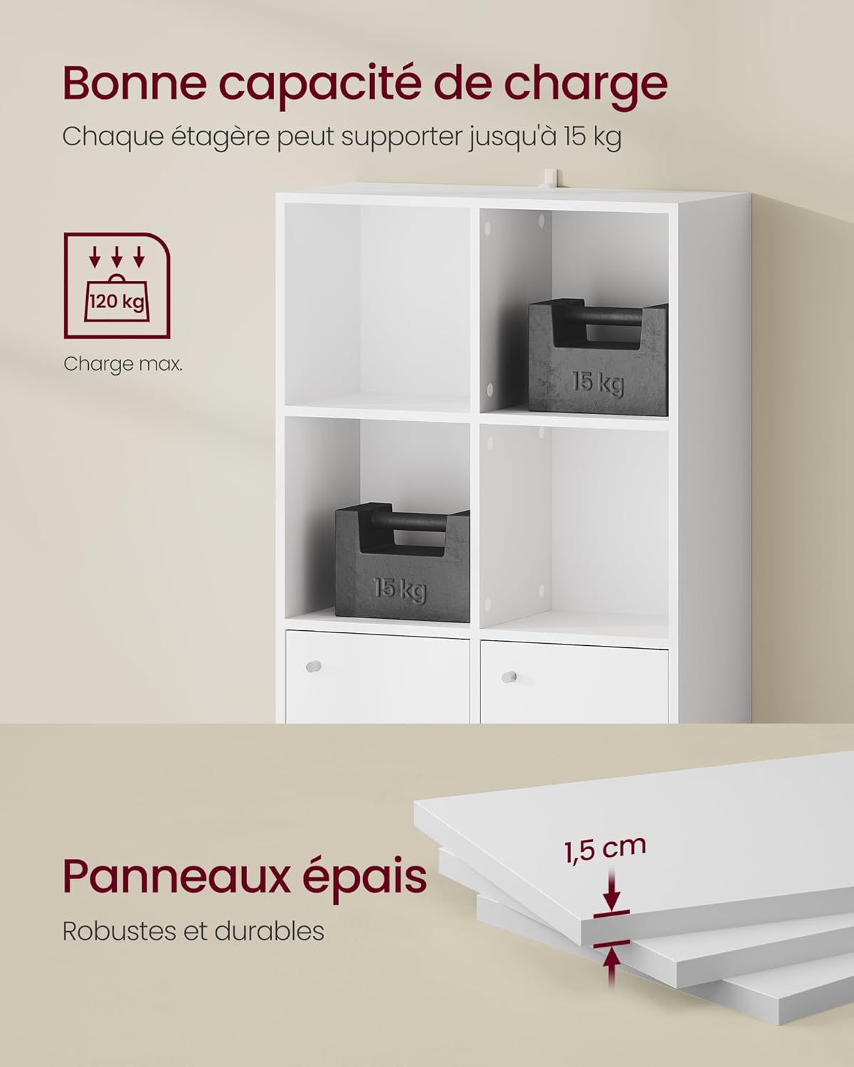 VASAGLE - bibliothèque 3 niveaux, 2 placards, 29x65,8x97,8 cm, LBC506WB01