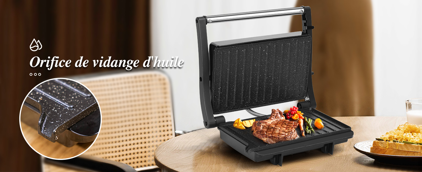 Un grill électrique ouvert avec une surface de cuisson striée, présentant un bifteck et des légumes cuits. L'image en encart montre la fonction de drainage de l'huile