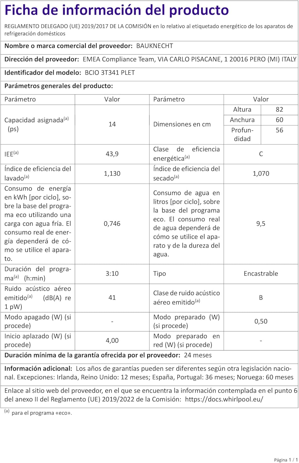 Bauknecht - lave-vaisselle intégrable 60cm, 14 couverts, PowerClean, ActiveDry, BCIO 3T341 PLET