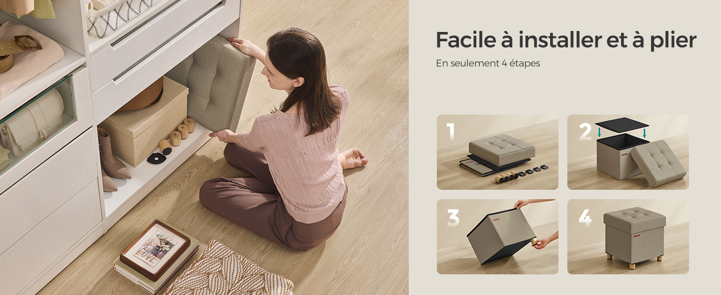 présenté en quatre étapes, démontrant une installation facile et une conception pliable pour une organisation peu encombrante