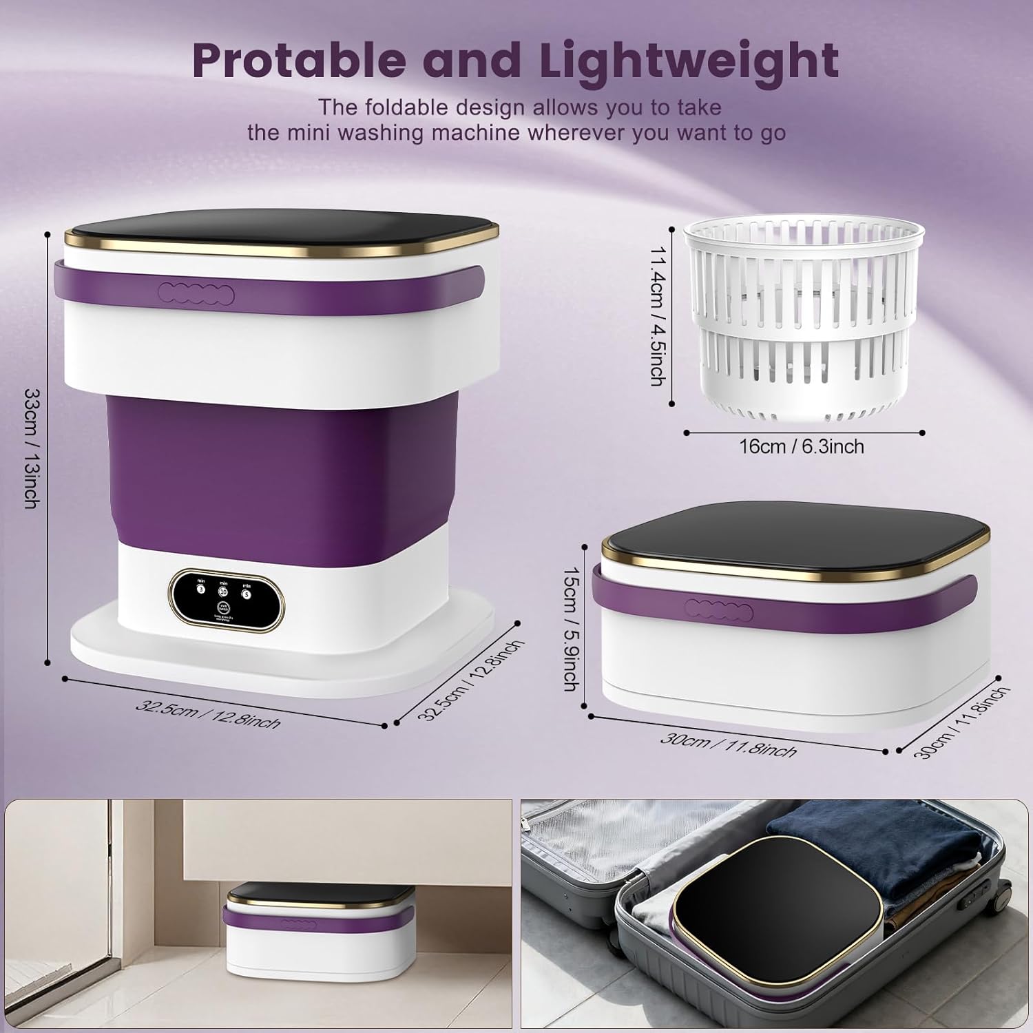 Mini Machine à Laver - 15L 2-en-1, essorage, 3 modes, portable, violet