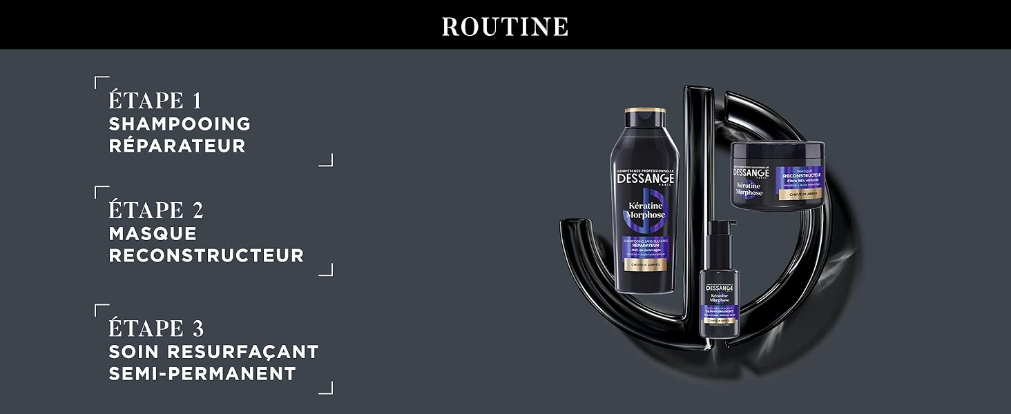 Le texte se lit comme suit : « ROUTINE : ÉTAPE 1 SHAMPOOING, ÉTAPE 2 MASQUE RECONSTRUCTEUR, ÉTAPE 3 SOIN RESURFACANT ». Schéma de routine du produit en noir et violet.
