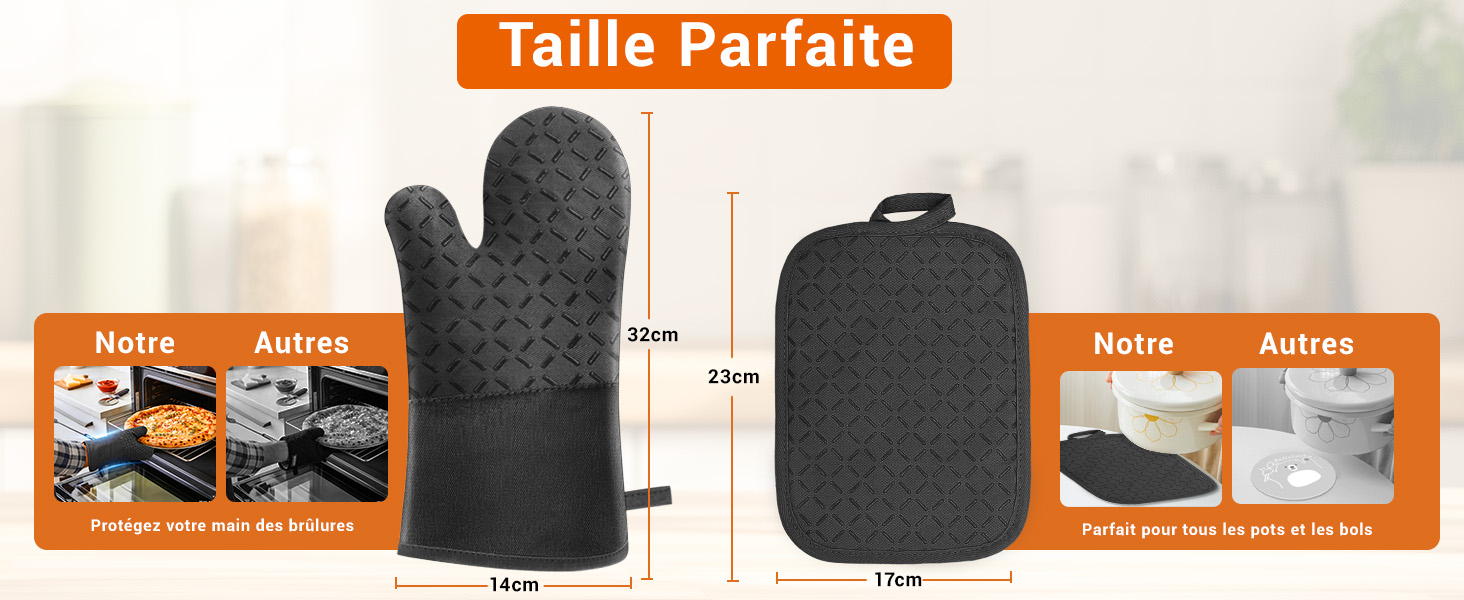 Le texte se lit comme suit : « Taille parfaite ». Plusieurs vues de produits montrant un chapeau ou une casquette noir avec des diagrammes de démonstration des tailles et de l'ajustement dans des cadres oranges.