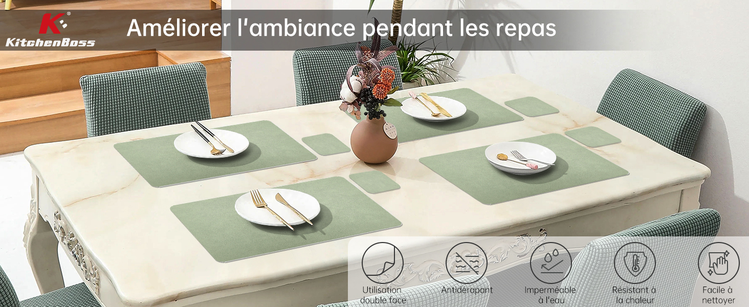 Plusieurs vues d'une salle à manger moderne montrant des couverts avec des sets de table vert clair et des plats blancs sur une table en bois. Icônes visibles indiquant les caractéristiques liées à la restauration.
