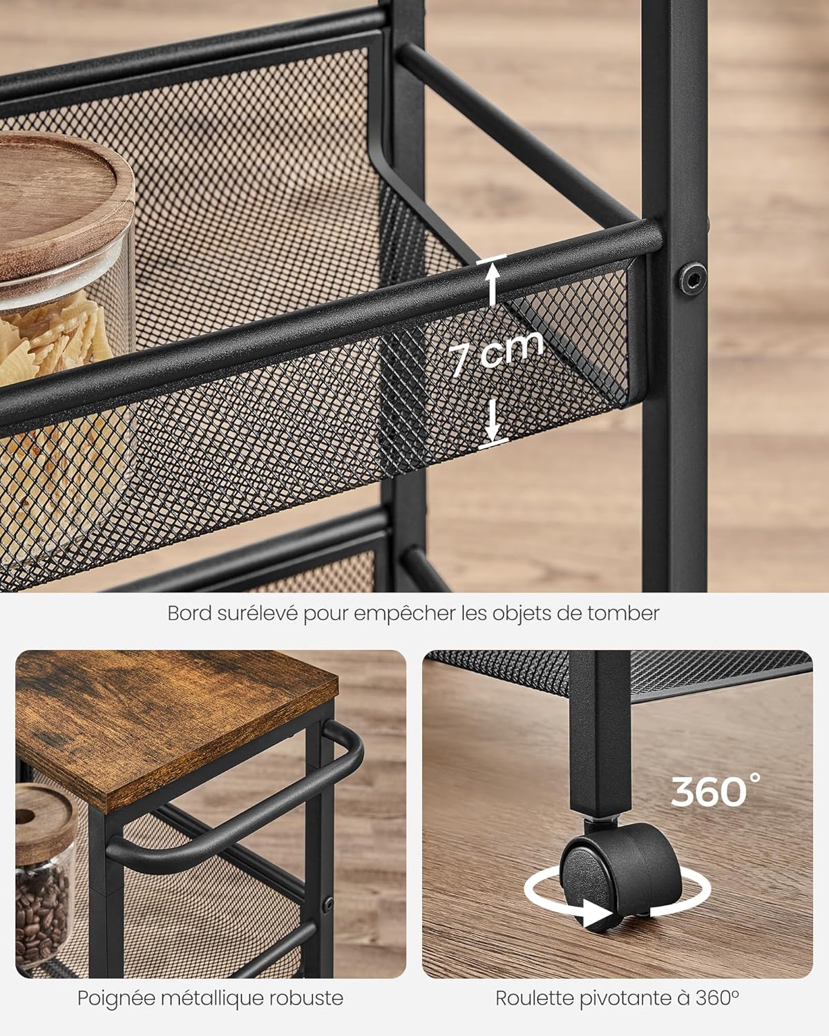 VASAGLE - desserte 4 niveaux - 22x45,4x77cm - acier, roulettes, poignée, LRC033B01