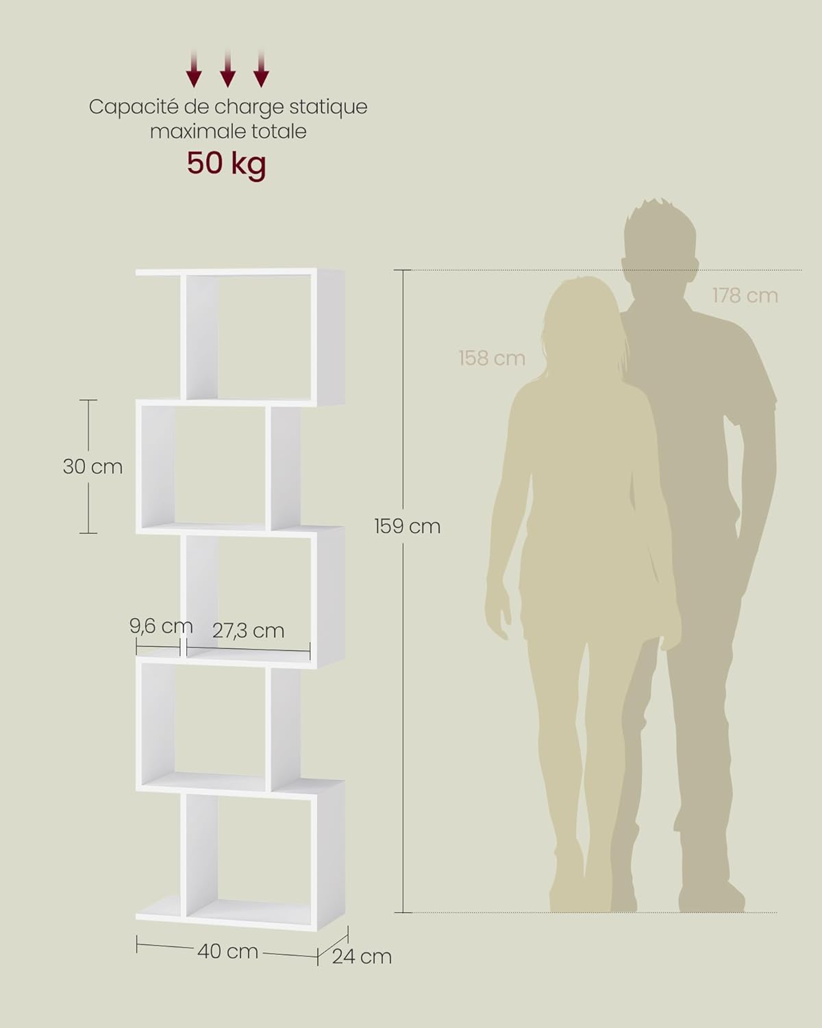 VASAGLE - étagère 5 niveaux, 24x40x159 cm, blanc, rangement LBC462W01