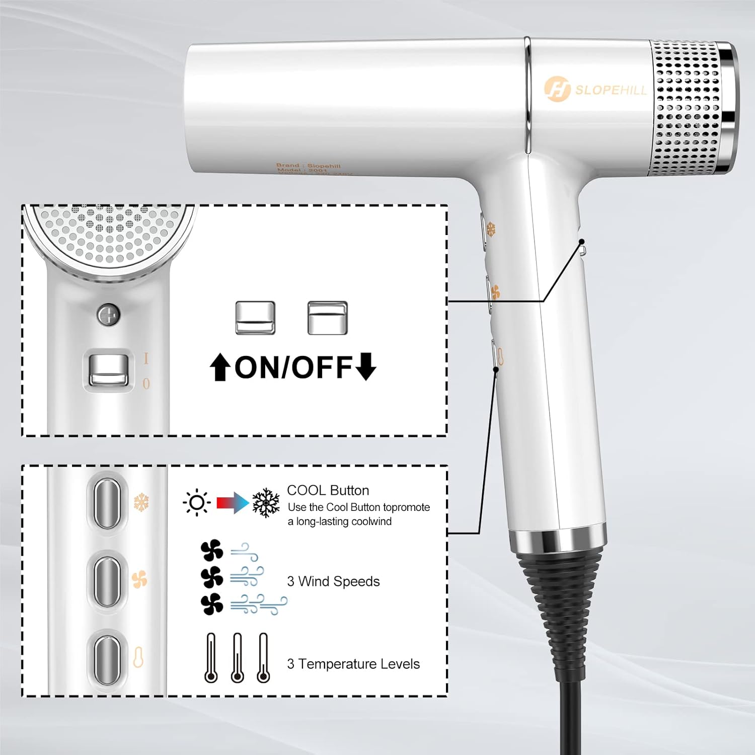 Slopehill - Sèche-cheveux pro, 268g, moteur sans balais, 2000W, Oxy Active