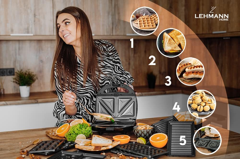 Lehmann - Sandwichmaker 5 en 1 - 800W - plaques interchangeables, multiservices