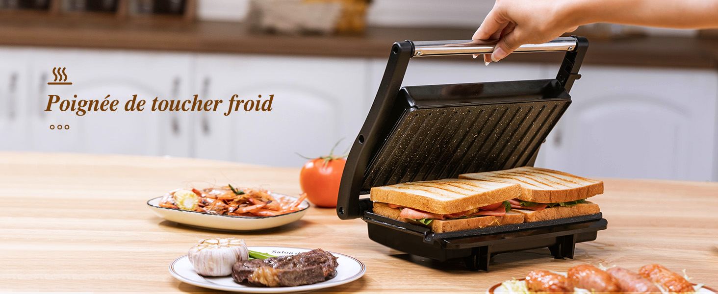 avec des sandwichs en préparation. Assiette avec aliments visibles. Texte en français : « Poignée de toucher froid »