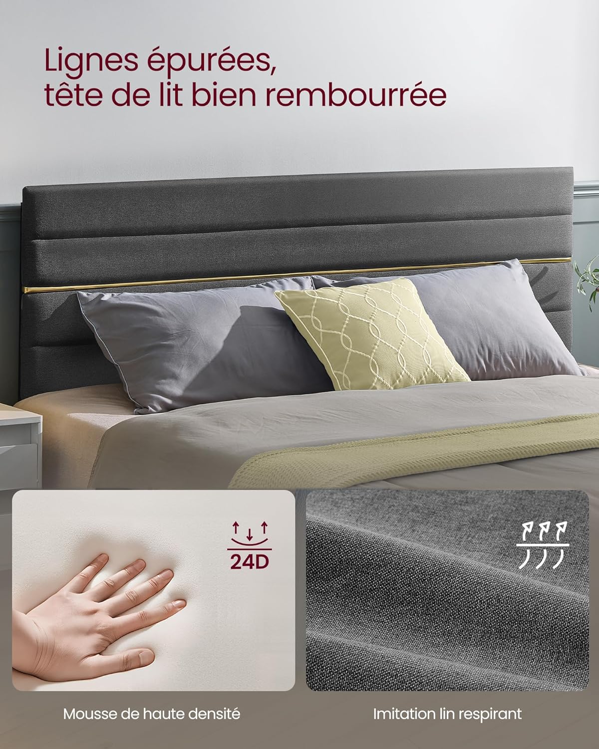 VASAGLE - lit double (série RMB) - 160x200 cm - tête rembourrée, métal, bois massif, gris ardoise - RMB505G01