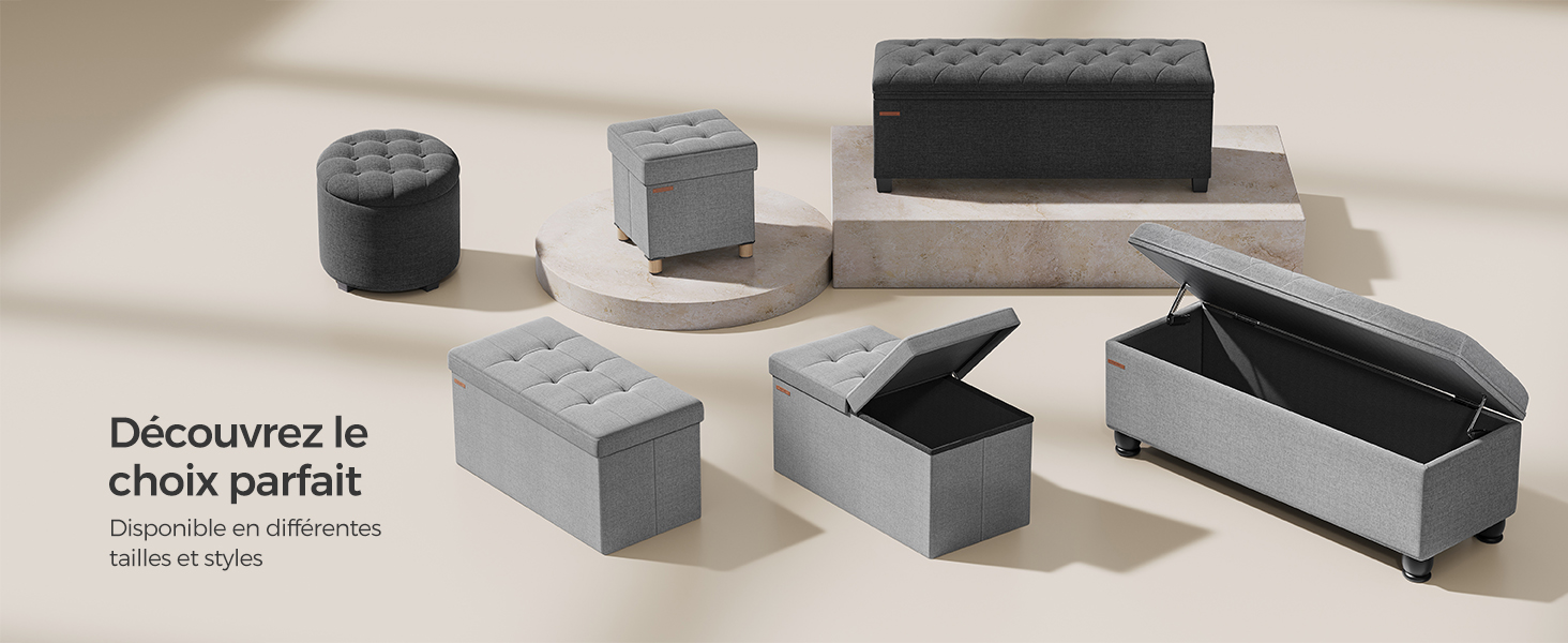 de poufs et de bancs de rangement de différentes tailles, dotés d'un revêtement gris et de couvercles à charnières pour un espace de rangement intérieur