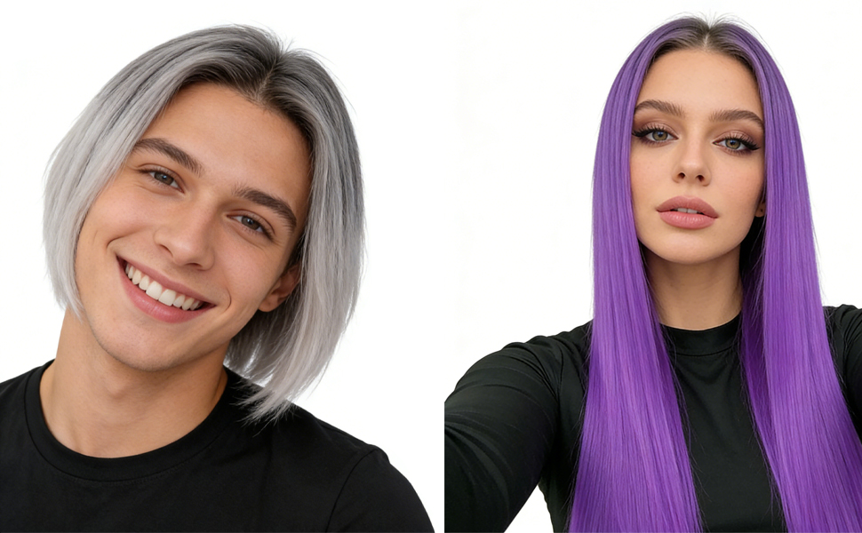 Série de portraits montrant différents angles de coiffure, avec des cheveux violets et argentés sur fond blanc.