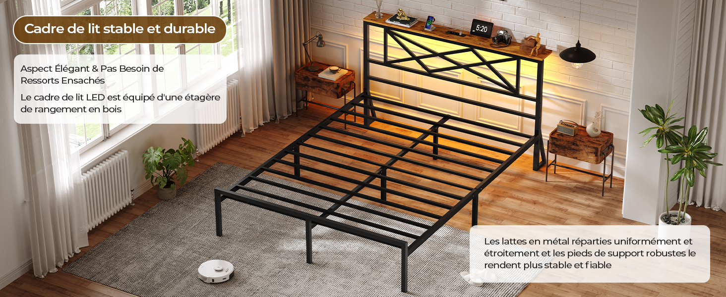 Cadre de lit en métal noir avec tête de lit géométrique. Dispose d'une construction robuste, de pieds antidérapants et d'une structure silencieuse. Présenté dans le décor d'une chambre à coucher.