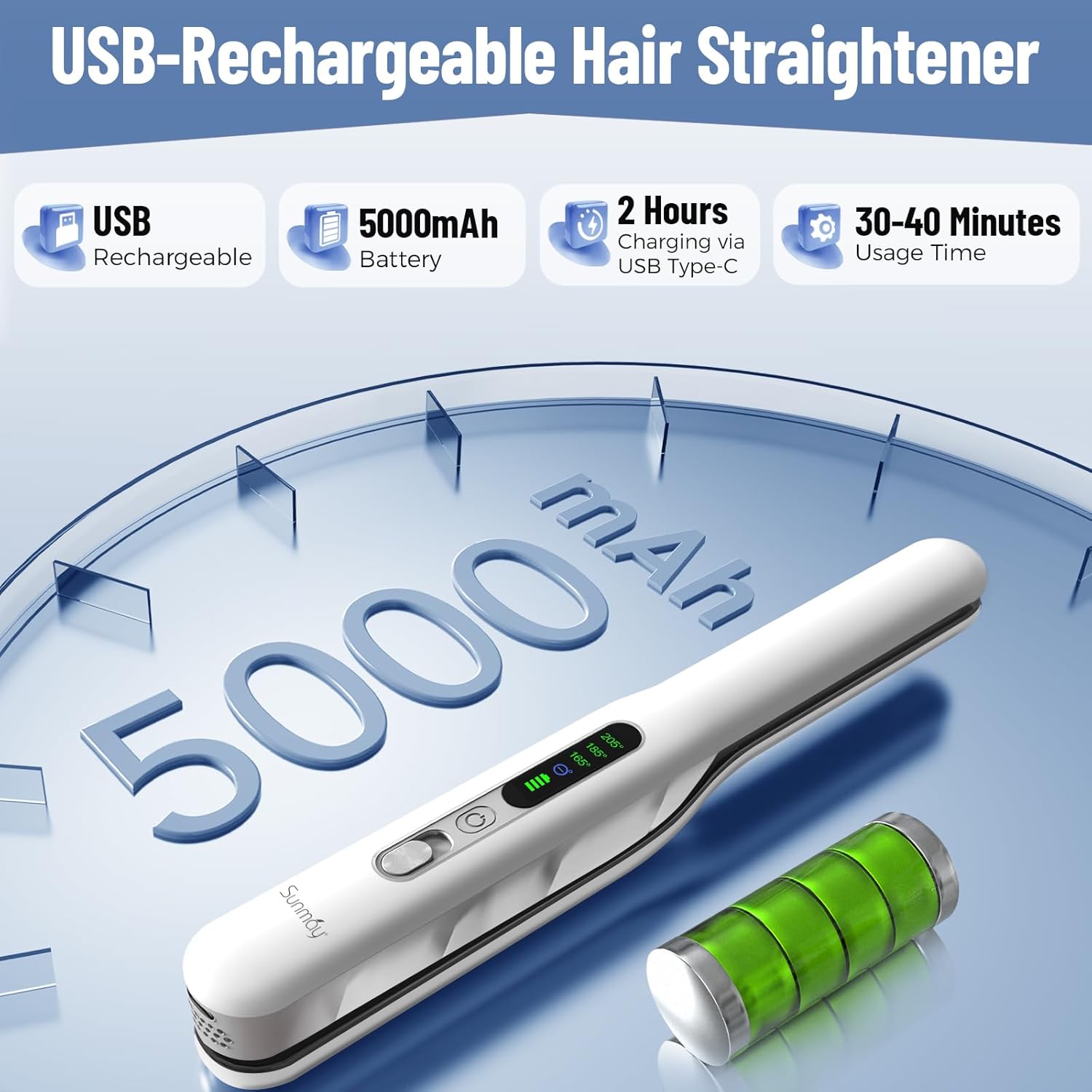 SUNMAY - Voga Plus - lisseur portable titane 20s, ions négatifs, 5000mAh