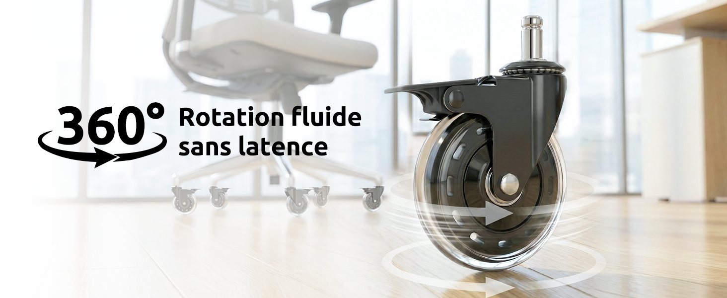 Le texte indique « Rotation fluide sans latence à 360° ». Démonstration de plusieurs angles d'un appareil noir dans un environnement de bureau, démontrant sa capacité de rotation.