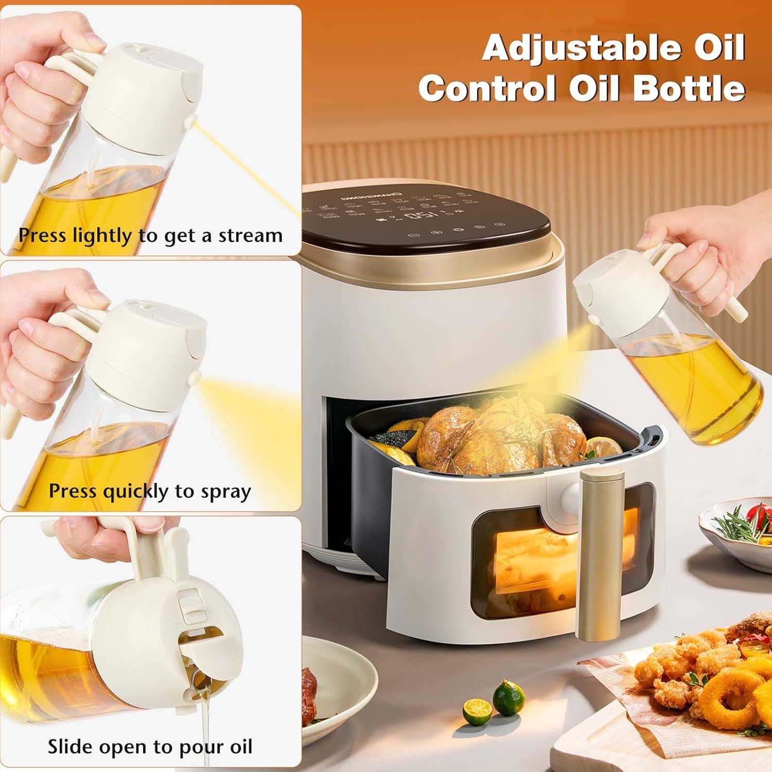 Pulvérisateur huile cuisine 470ml, 2 en 1, blanc, multifonction