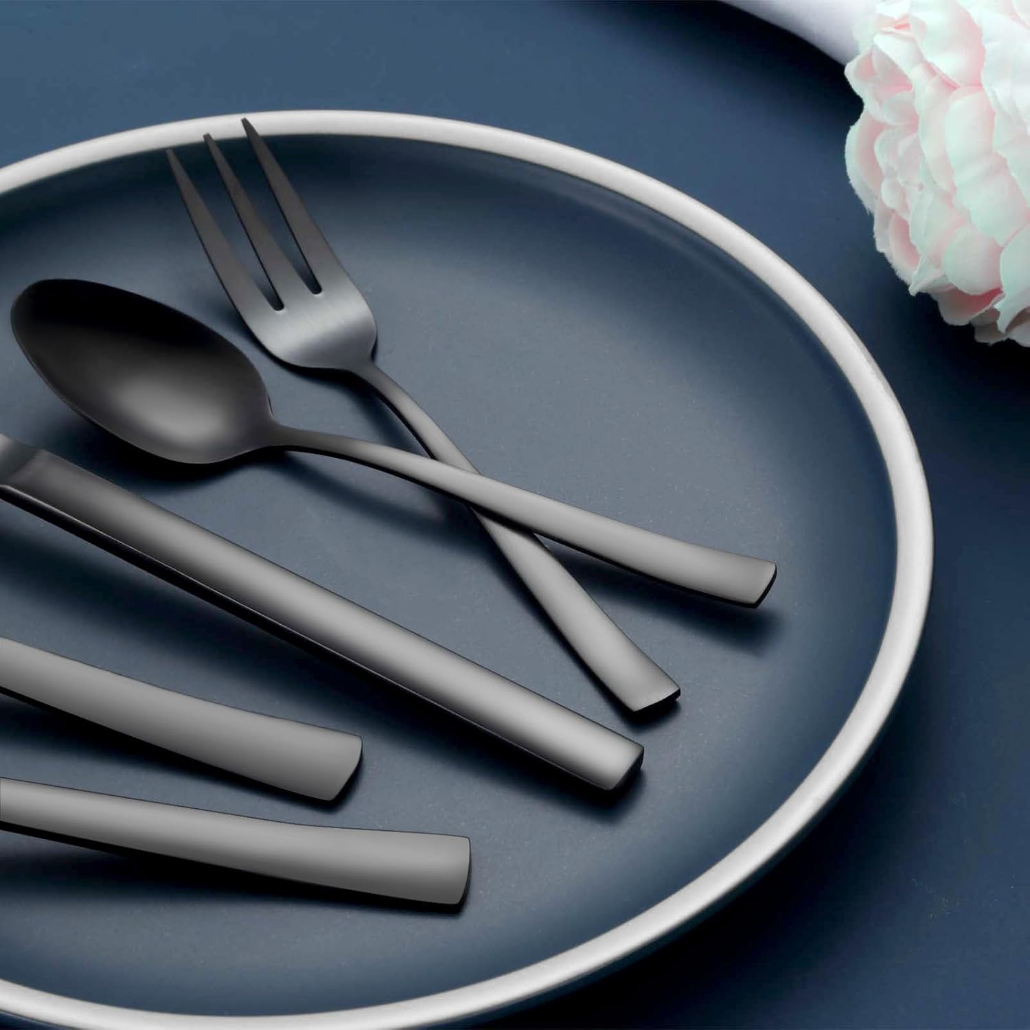 Hunnycook - Couverts 6 personnes - 30 pièces inox noir mat, poli miroir, lavable lave-vaisselle