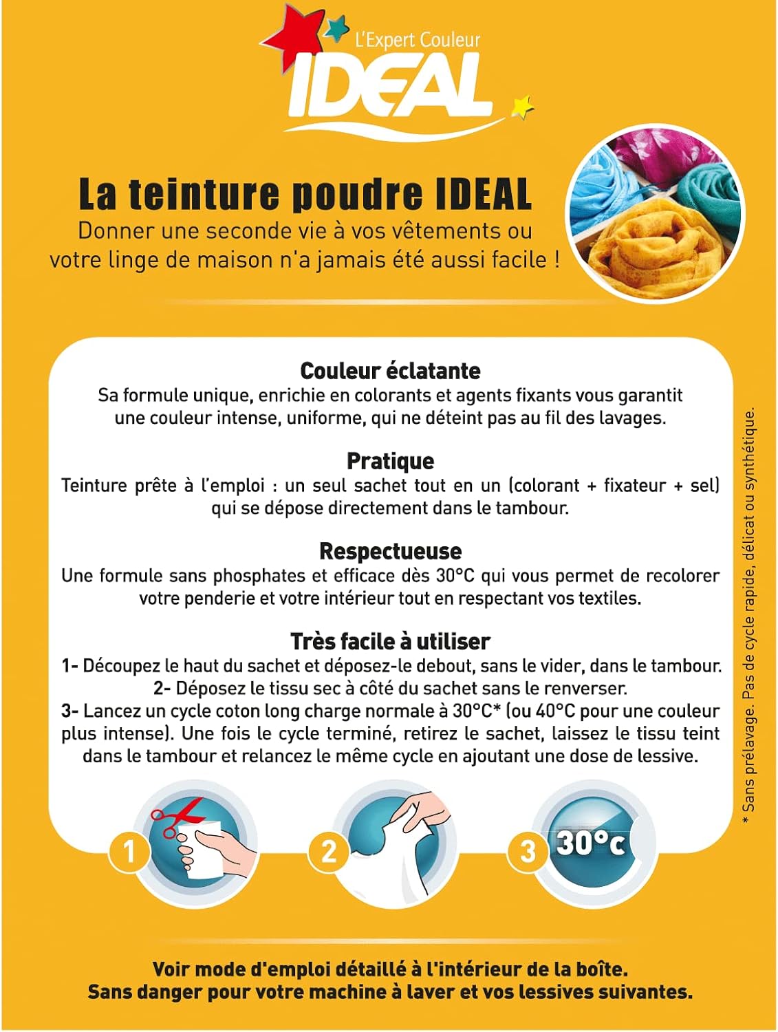 IDEAL - Kit Teinture Mini Jaune 230g - Textiles coton/lin/soie, sel inclus