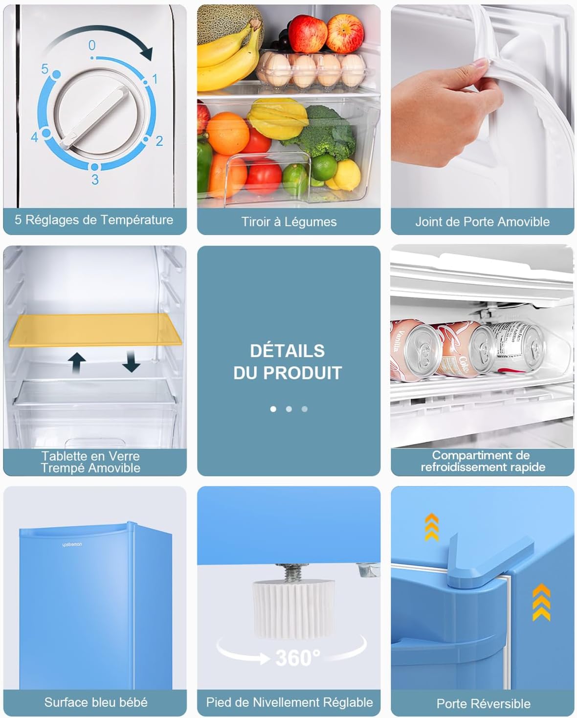 Upstreman - mini frigo 91L bleu, congélateur, thermostat réglable, BR321