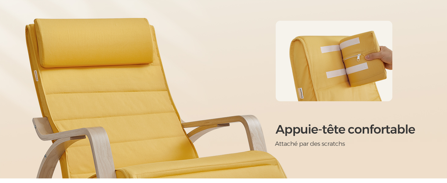 avec structure en bois et appui-tête réglable. L'image incrustée montre le mécanisme de réglage de l'appui-tête