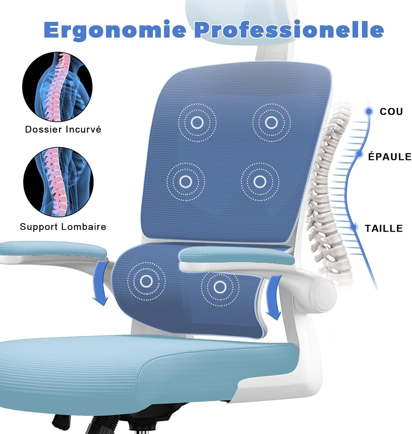 Chaise de bureau ergonomique - dossier, appui-tête réglables - soutien lombaire, accoudoirs pivotants, maille respirante