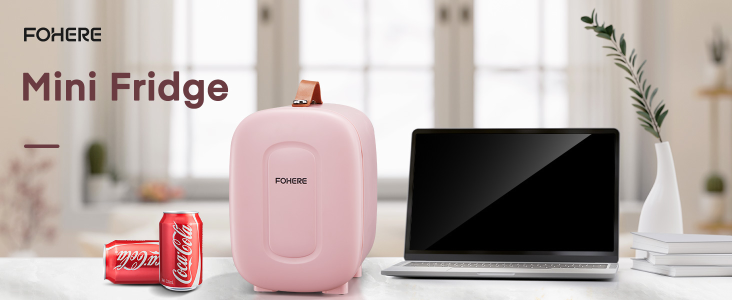 de la marque Fohere, présenté avec des canettes de soda et un ordinateur portable pour comparer les tailles. Design compact adapté aux espaces restreints.