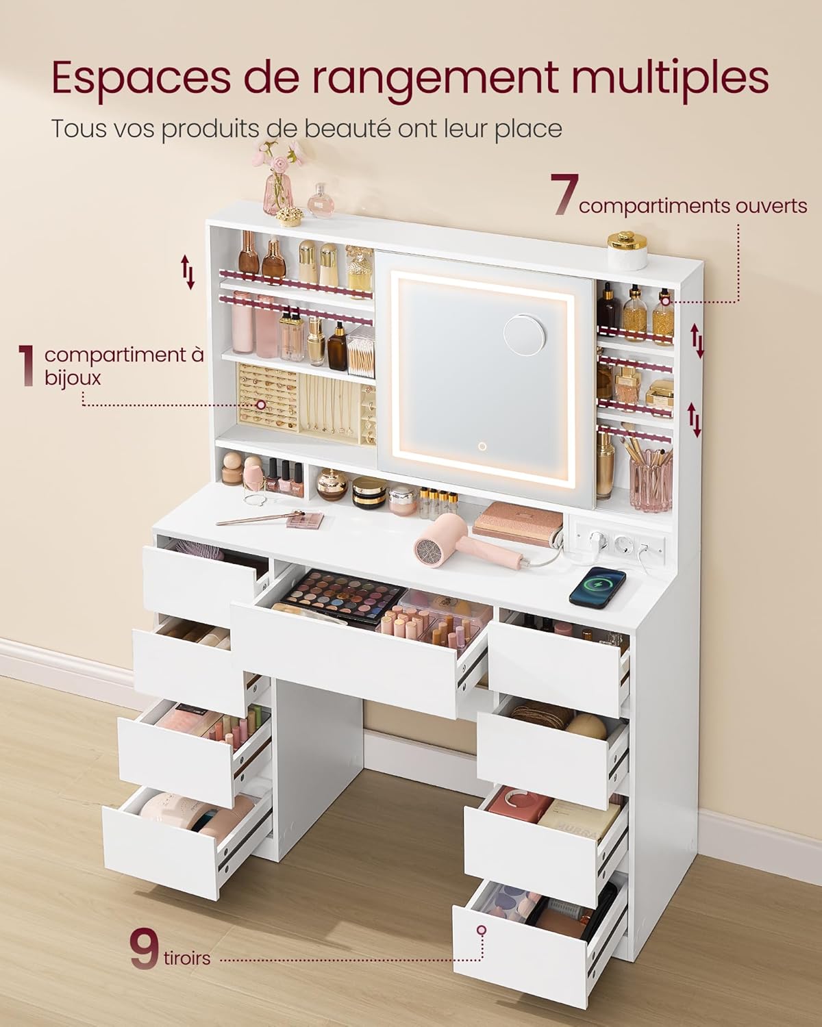 VASAGLE - Kailyn Collection - coiffeuse LED, 9 tiroirs, blanc, RDT137W01