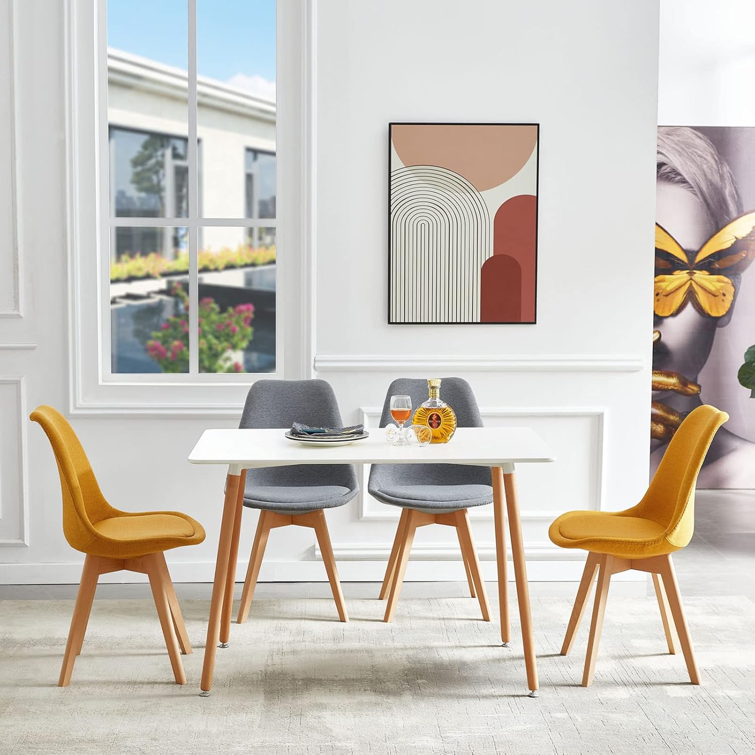 EGGREE - chaise scandinave lot de 4 - tissu/lin jaune - bois hêtre, rembourrée, testée SGS