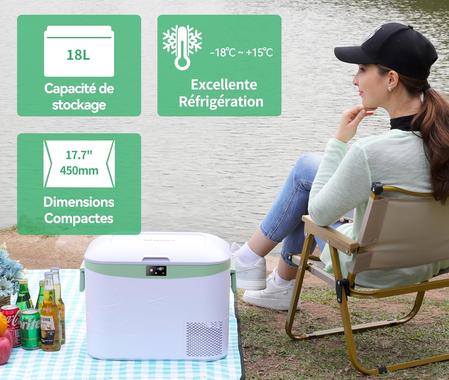 BINGI - Glacière électrique 18L - Refroidissement rapide, -18°C, 12V/24V/220V