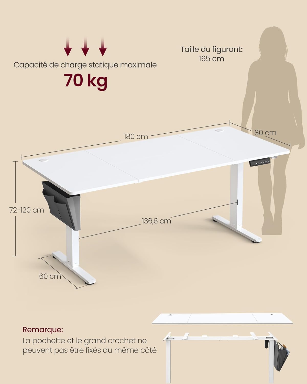 SONGMICS - bureau assis-debout, 180x80 cm, réglable, mémoire 4 hauteurs, LSD138W01