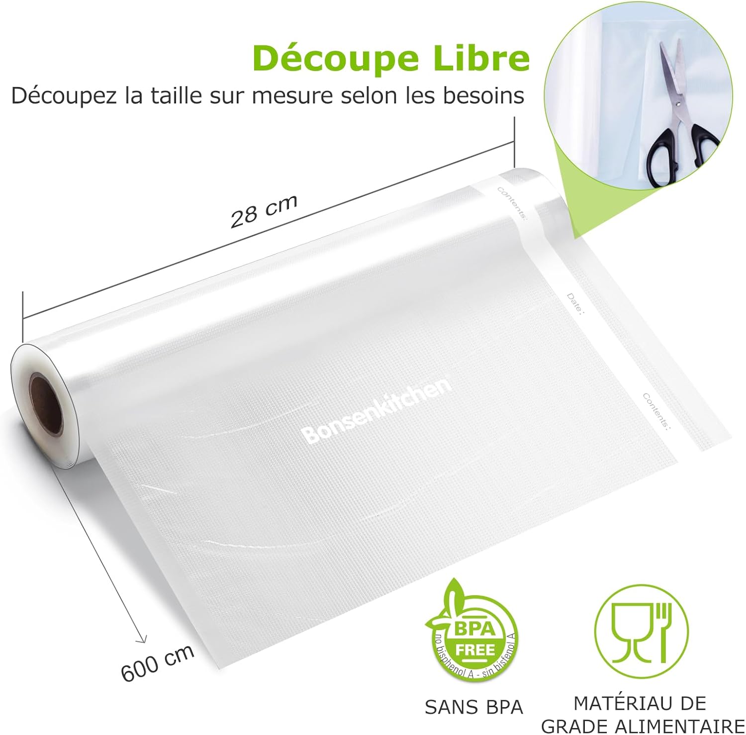 Bonsenkitchen - rouleaux sous vide 28x600cm - sans BPA, conservation aliments VB3207