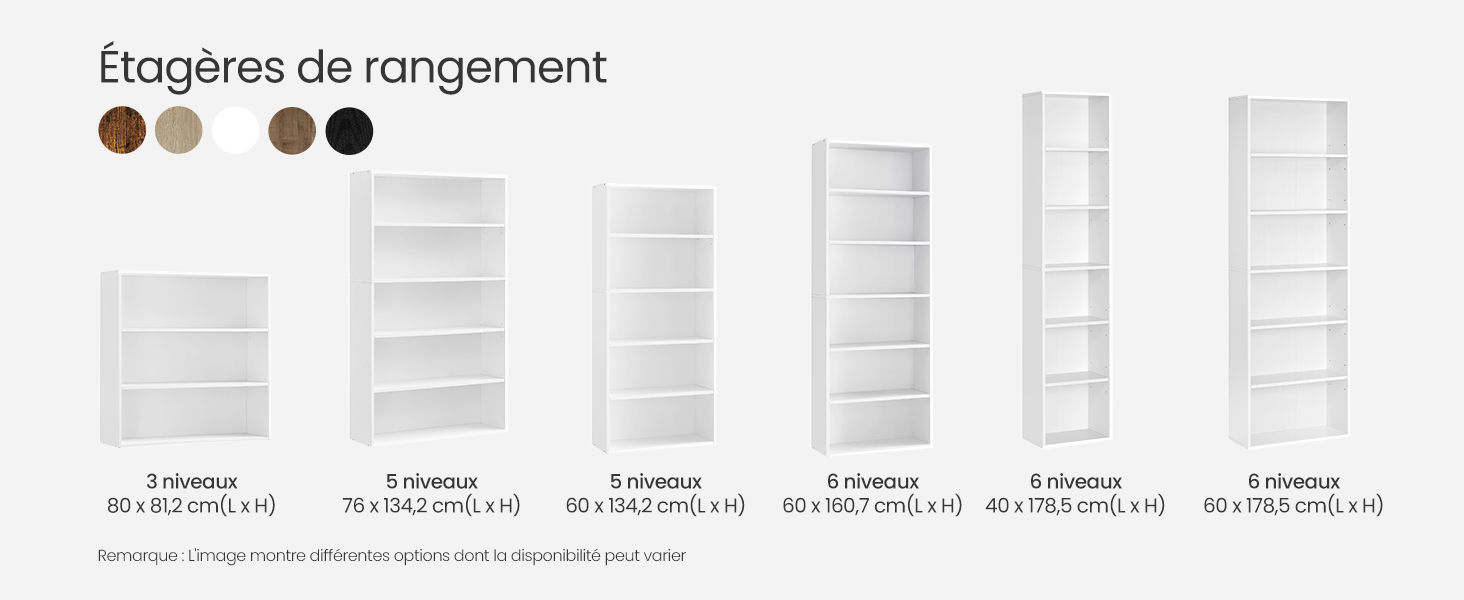 Six modèles d'étagères blanches de hauteur croissante, allant de 3 à 8 étagères. Les dimensions du produit et le nombre d'étagères sont indiqués sous chaque unité.