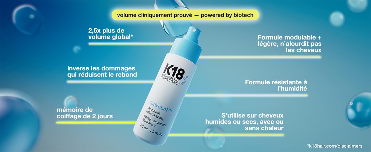 Le texte se lit comme suit : « volume cliniquement prouvé - alimenté par la biotechnologie ». Publicité de produit montrant une bouteille de soin des cheveux avec un liquide bleu sur fond avec des gouttelettes d'eau et des effets de lumière.