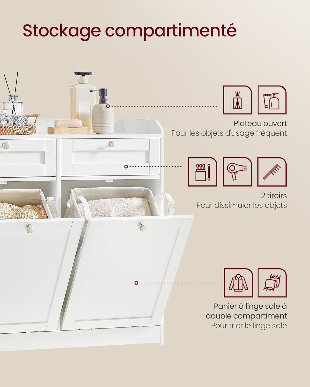 VASAGLE - meuble salle de bain avec paniers, 40x78,9x80,2 cm, 2 tiroirs, sac amovible, BBC751W01