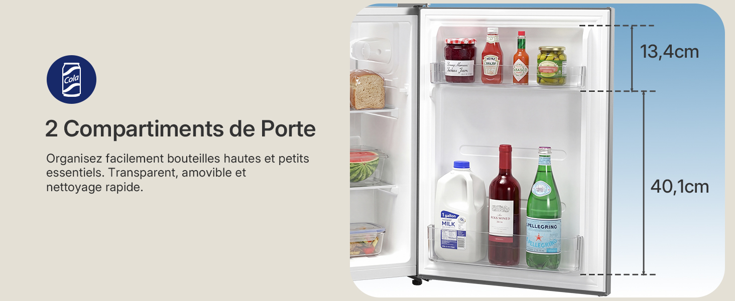Le texte indique « 2 compartiments de porte » et « 40,5 cm ». Unité de rangement ou organiseur sur la porte du réfrigérateur indiquant les capacités de rangement des bouteilles et des contenants.