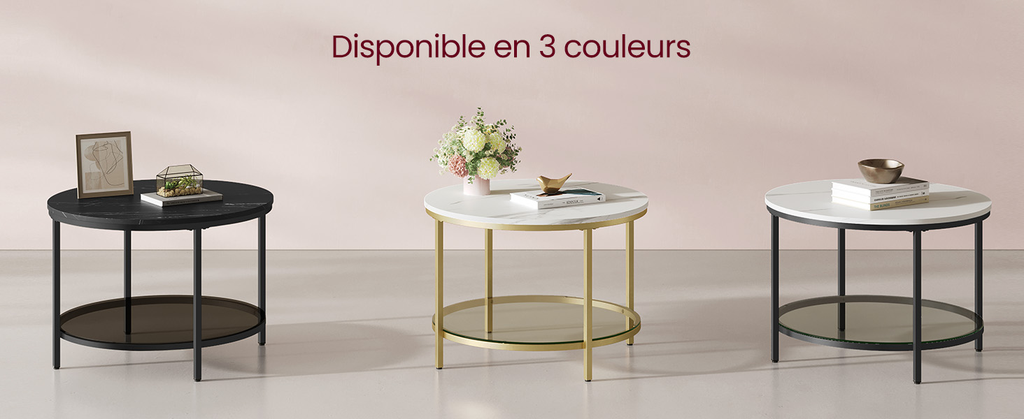 Trois tables d'appoint rondes au design à deux niveaux présentées dans différentes finitions : noir, blanc avec cadre doré et noir. Chacune est dotée d'une étagère supérieure et inférieure circulaires.