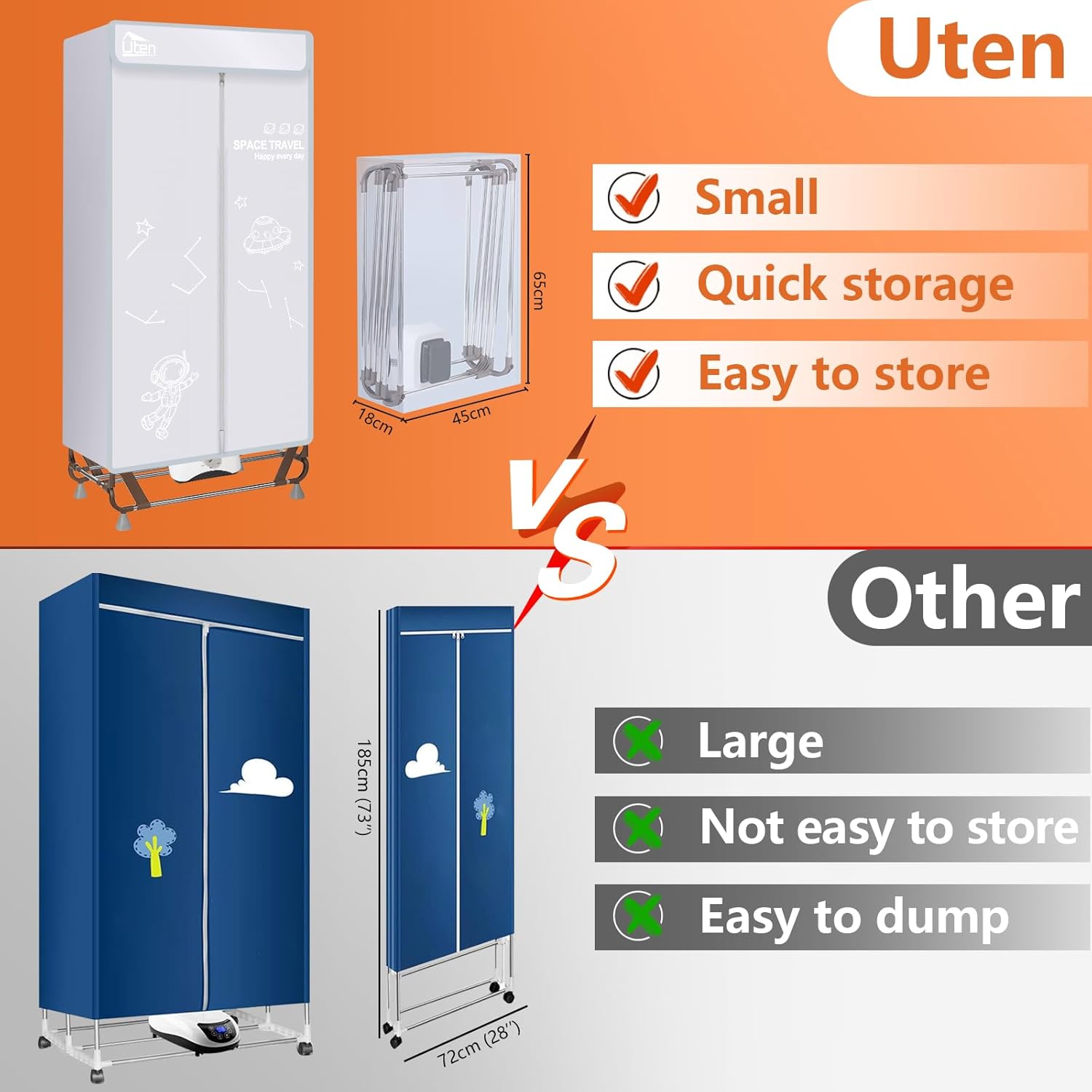 Sèche-linge électrique pliable, 15kg, 1500W, sac rangement, maison