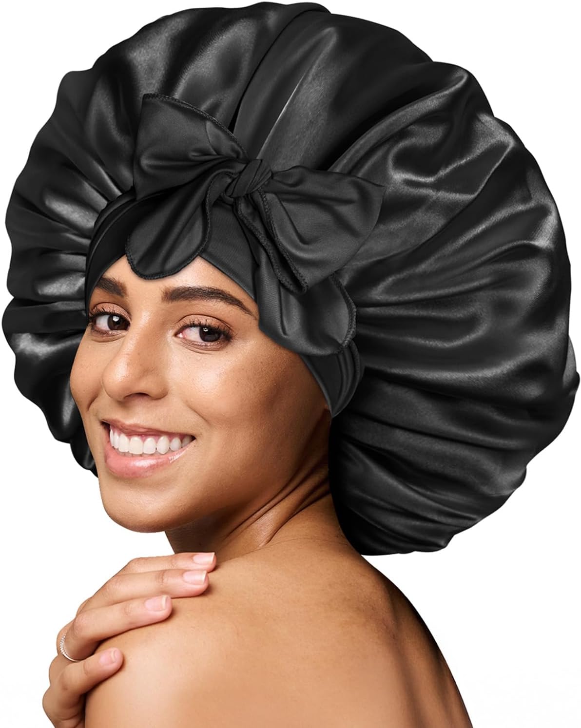 BONNET QUEEN - Bonnet satin ajustable, grand, cheveux bouclés, noir