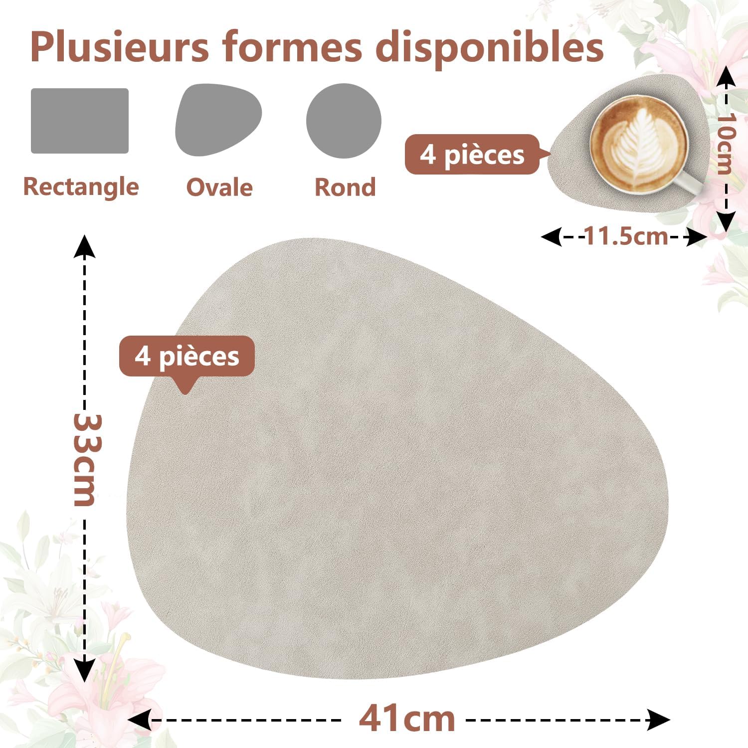 Set de table - lot de 4, cuir PU double face, 41x33cm, lavable, antidérapant, gris clair/bleu clair