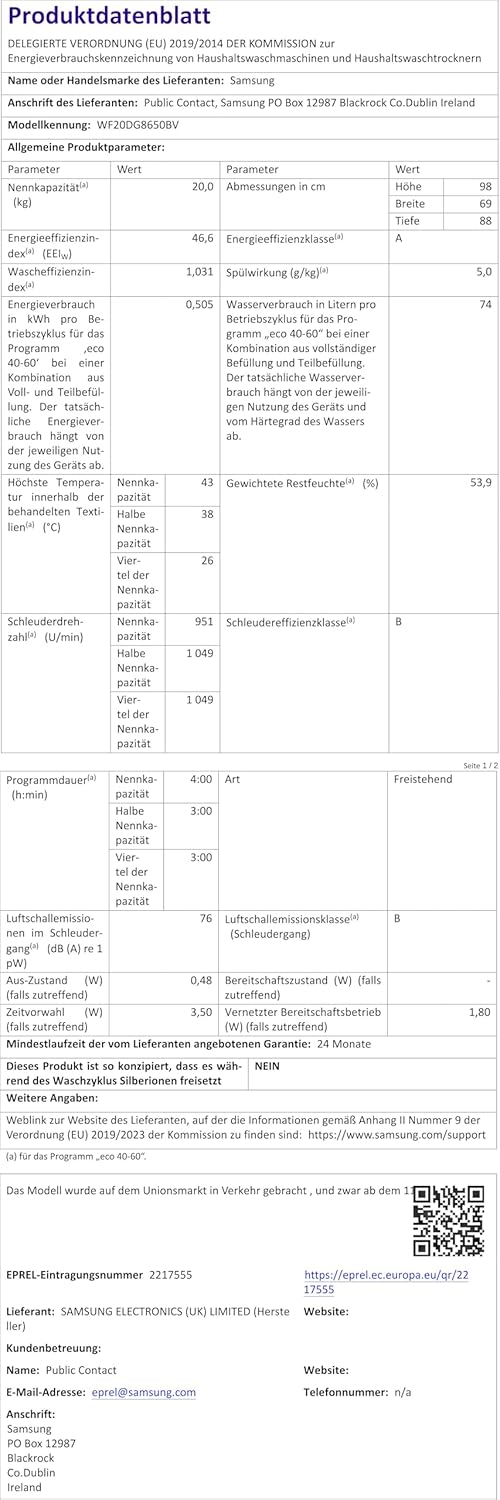 SAMSUNG - lave-linge frontal série 8000 - grande capacité, vapeur, 60x85x65 cm - WF20DG8650BV