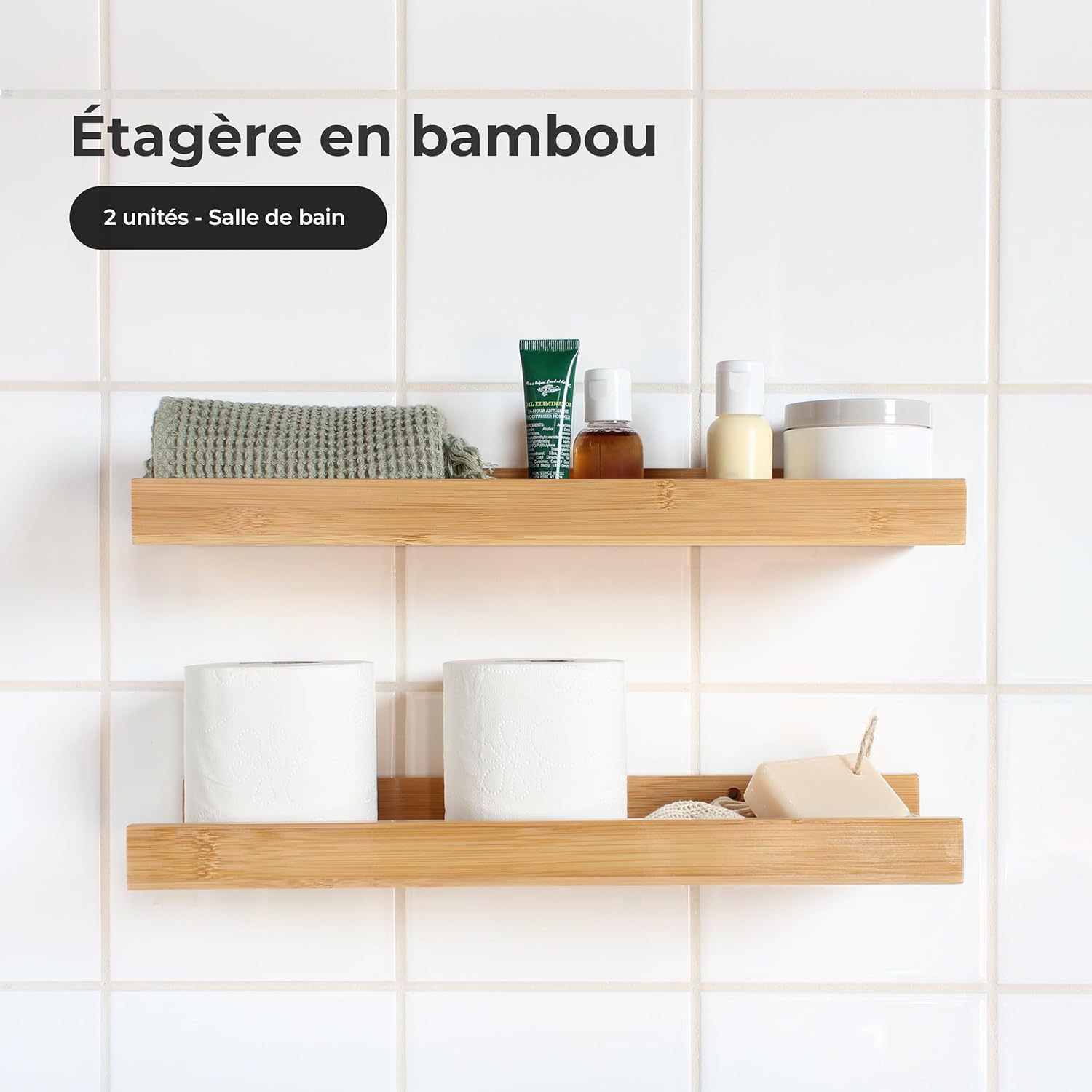 Étagère Salle de Bain en Bois - murale - bambou - adhésive, 2 unités