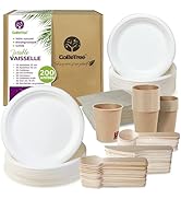 GoBeTree Vaisselle jetable de 200 pièces pour 25 personnes. Vaisselle écologique en bagasse de ca...