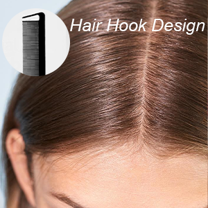 Peigne à cheveux noir avec motif en crochet, illustré à côté d'une partie du cheveu démontrant sa capacité à se séparer