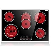 avec cinq zones de chauffage rouges circulaires. Comprend des commandes tactiles et un design élégant et moderne avec des indicateurs de brûleur illuminés.