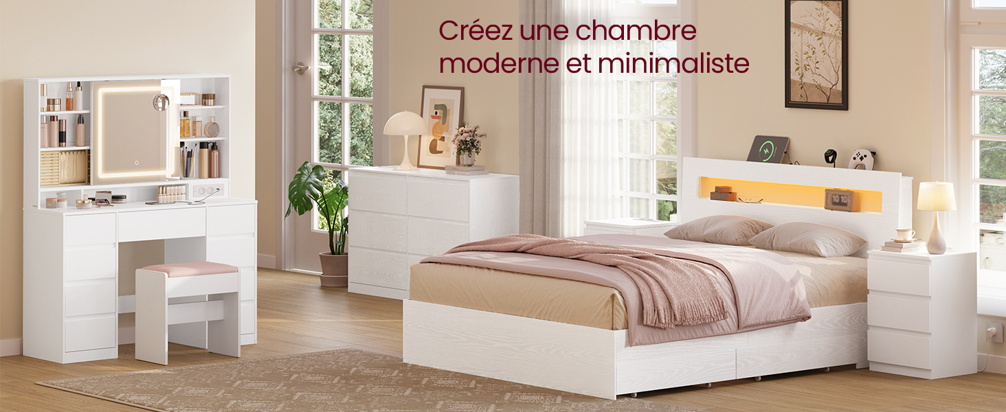 Le texte se lit comme suit : « Créez une chambre moderne et minimaliste ». Photo intérieure d'une chambre lumineuse et contemporaine avec des meubles blancs et des touches de rose pâle.