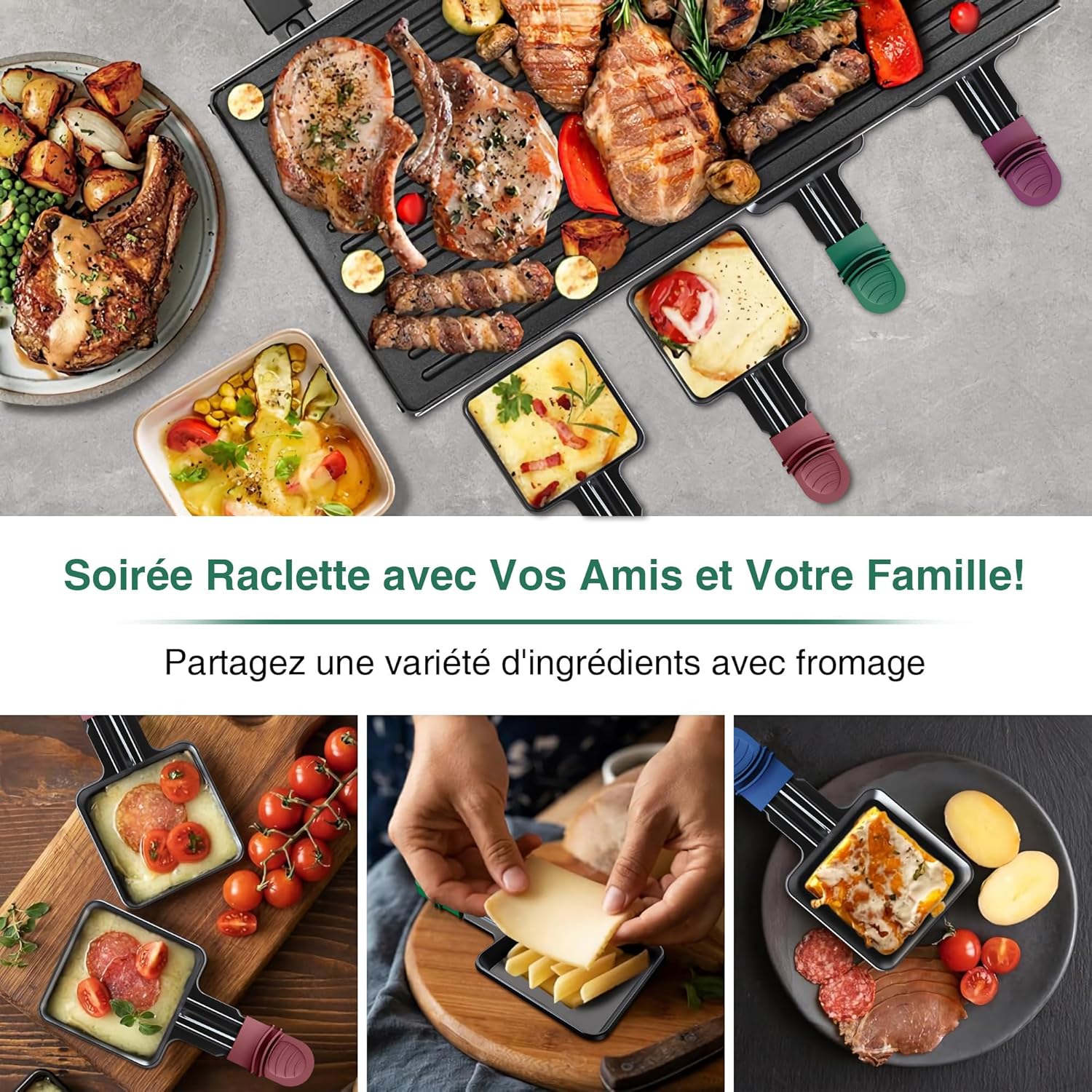 Poêlons à raclette carrés - poignée colorée - antiadhésif - 4 spatules - lave-vaisselle