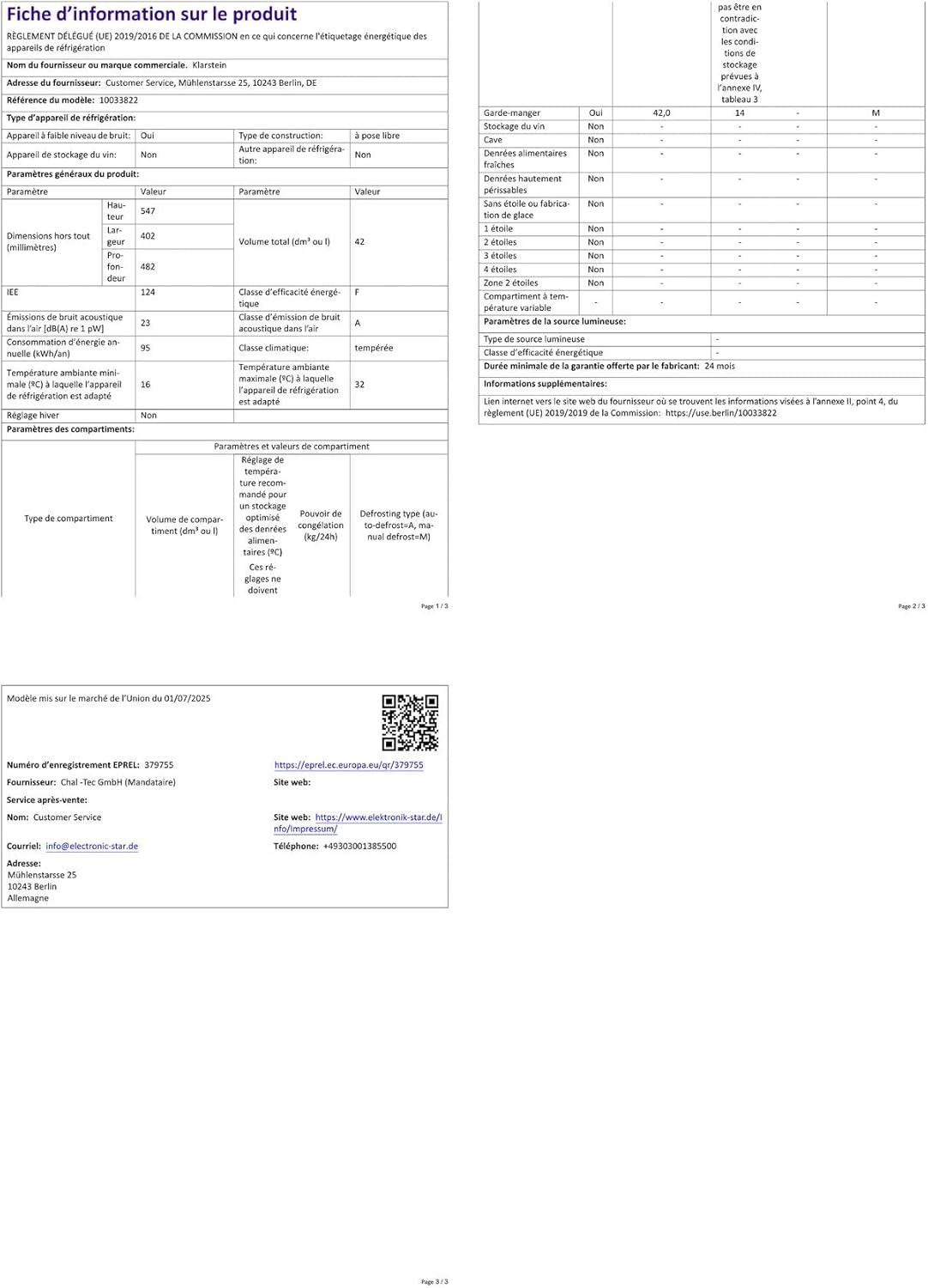 Klarstein – Mini Frigo 42L – compact, silencieux, étagères réglables